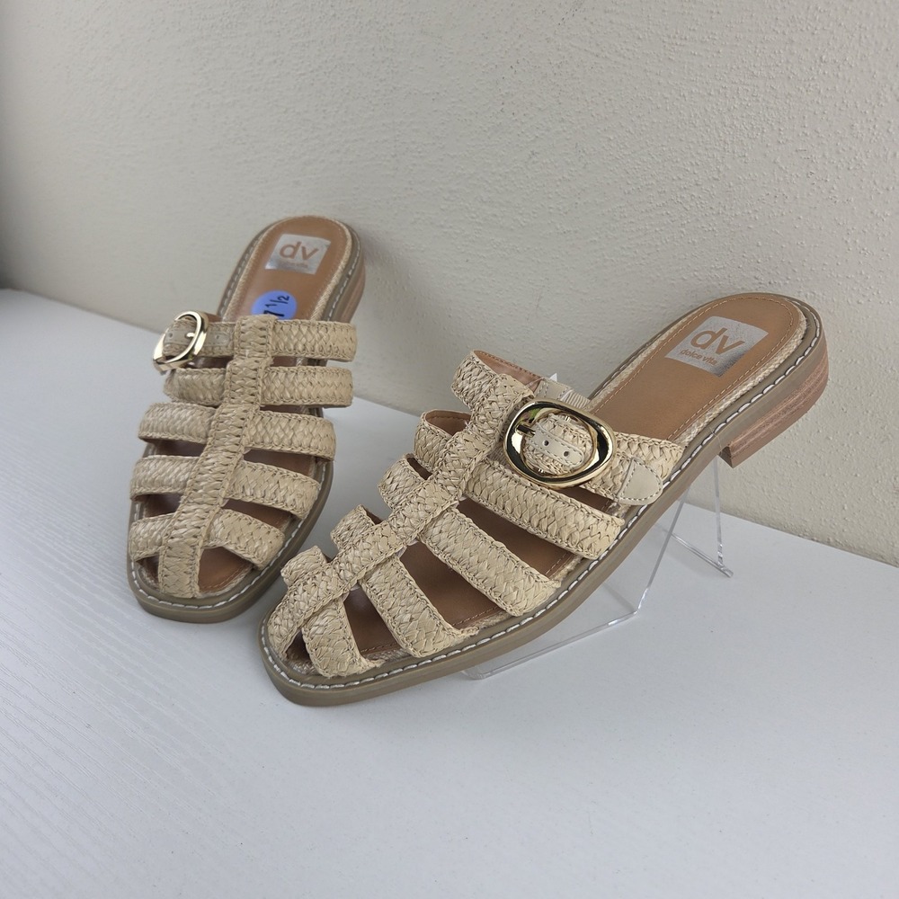 Dolce Vita Womens‎ Sz. 7.5 Beige Rafia Slip On Falcun .5" Heel Mules Sandal NWT